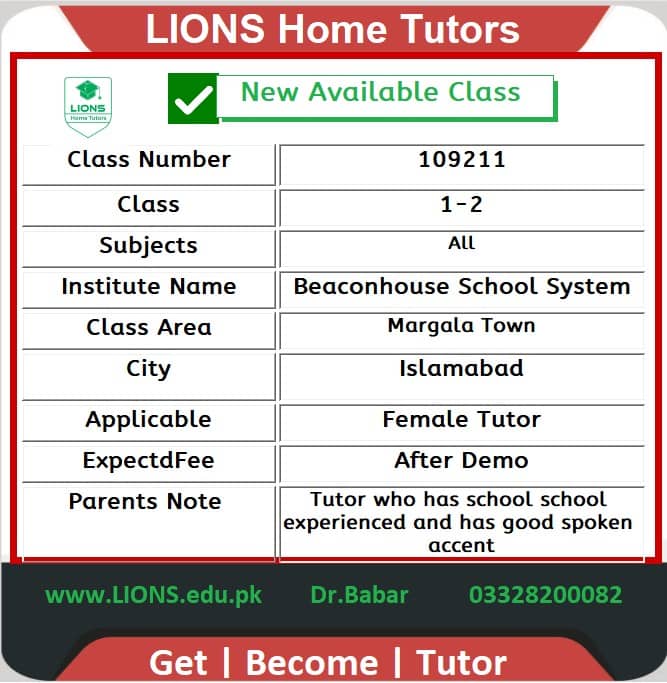 Home Tutor for Class 1-2 in Margala Town Islamabad