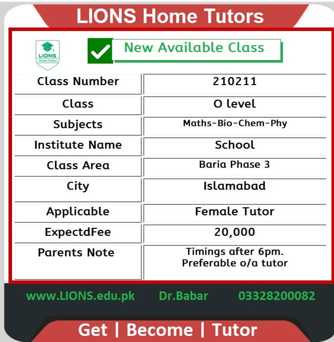 Home Tutor for O level in Baria Phase 3 Islamabad