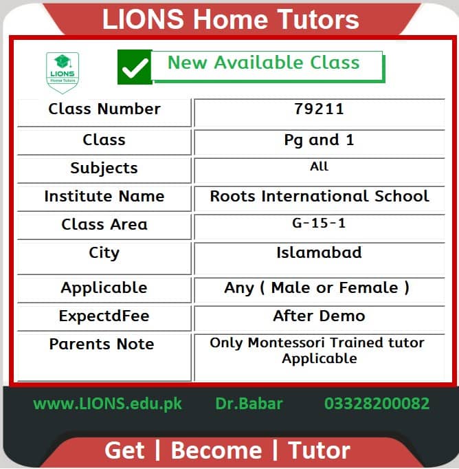 Home Tutor for Class Pg-1 in G-15-1 Islamabad