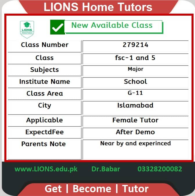 Home Tutor for Class fsc-1-5 in Bahria Phase 1 Islamabad