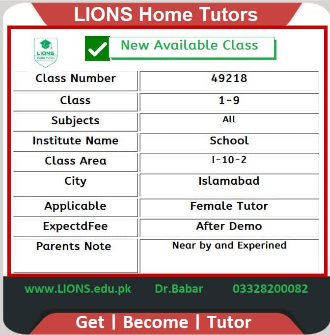 Home Tutor for Class 1-9 in I-10-2 Islamabad