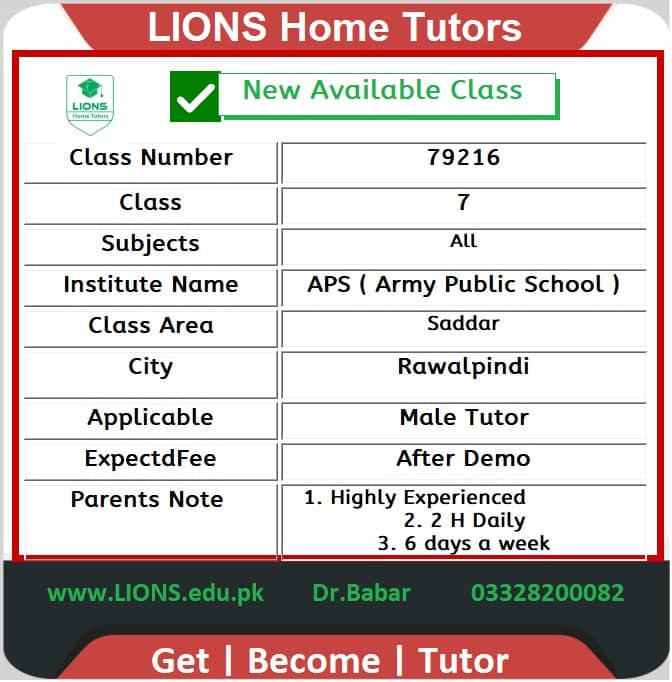 Home Tutor for APS Class 7 in Saddar Rawalpindi