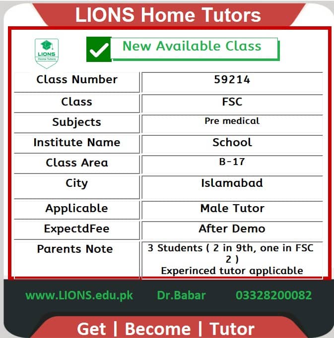 Home Tutor for Class FSC in B-17 Islamabad