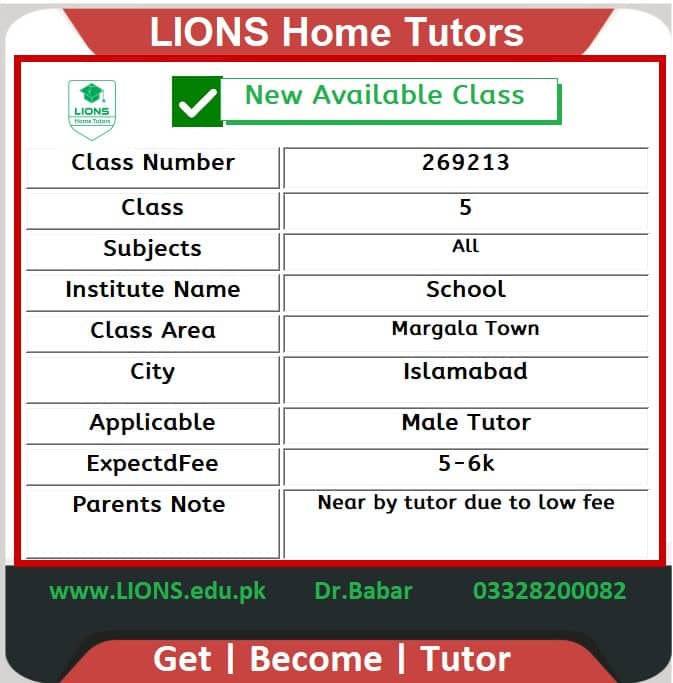Home Tutor in Margala Town Islamabad