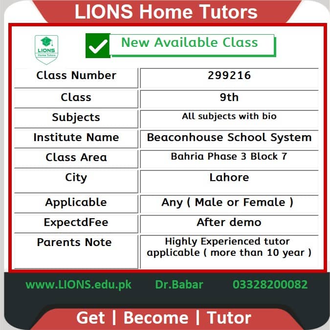 Home Tutor for Class 9th in Bahria Phase 3 Block 7 Lahore
