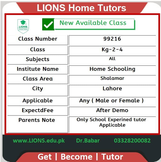 Home Tutor for Class Kg-2-4 in Shalamar Lahore