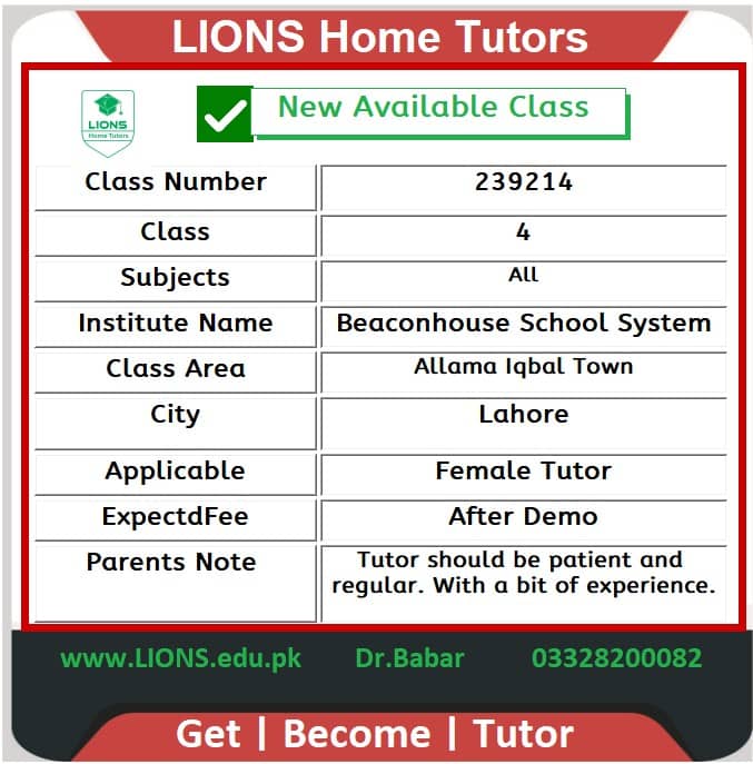Home Tutor for Beaconhouse Class 4 in Allama Iqbal Town Lahore