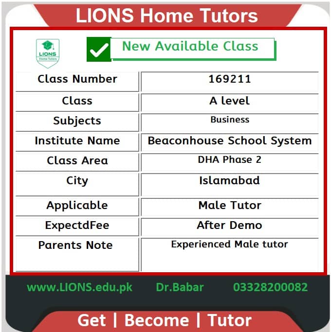 Home Tutor for A level Business in DHA Phase 2 Islamabad