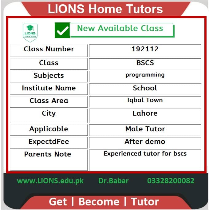 Home Tutor for Class BSCS in Iqbal Town Lahore
