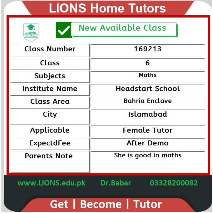 Home tutor for headstart class 6 in Bahria enclave Islamabad