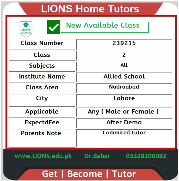 Home Tutor for Class 2 in Nadraabad Lahore
