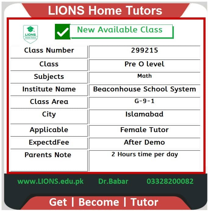 Home Tutor for Class Pre O level in G-9-1 Islamabad