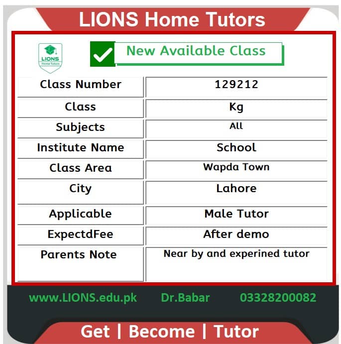 Home Tutor for Class Kg in Wapda Town Lahore