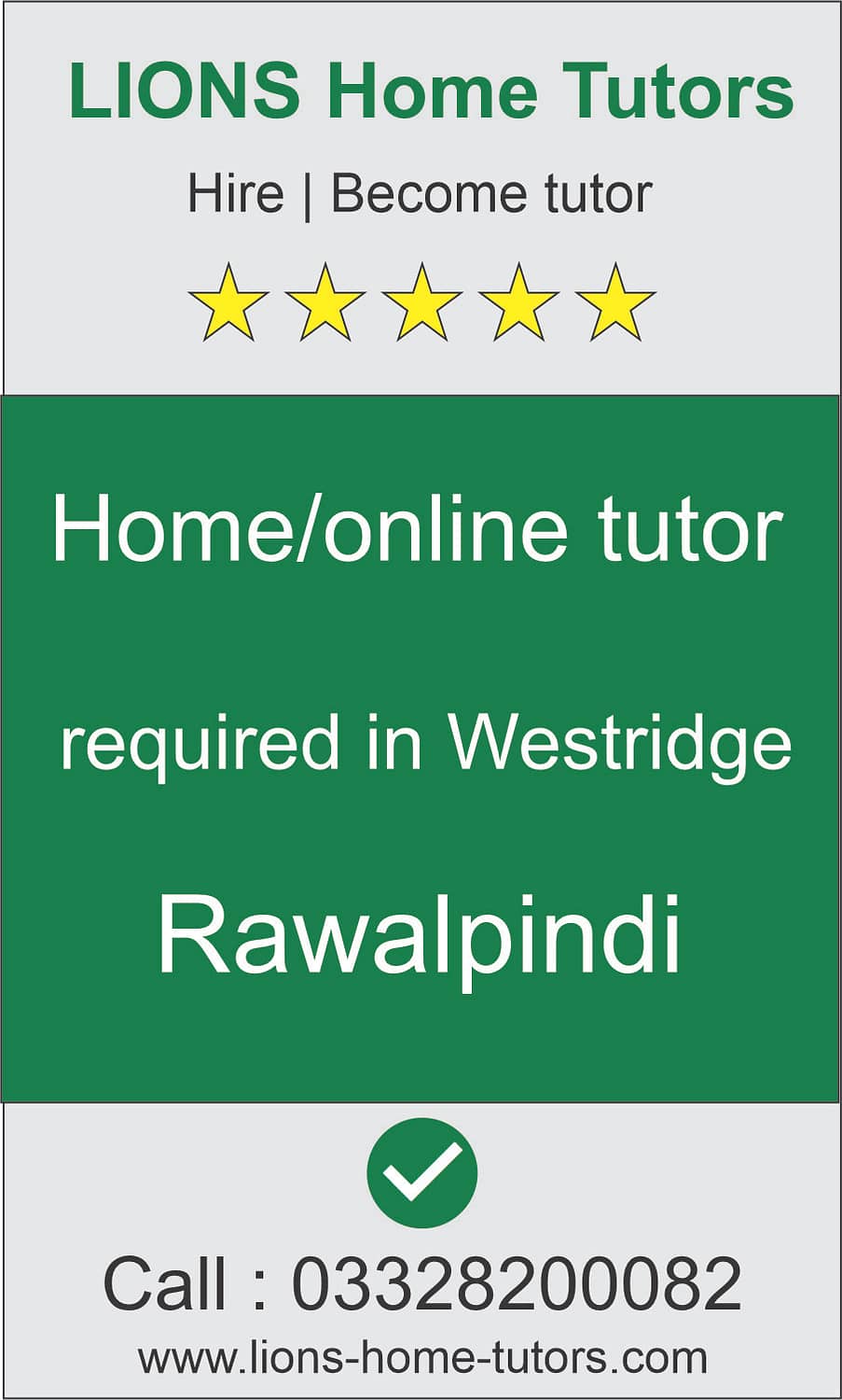 Home tutor required in Westridge Rawalpindi