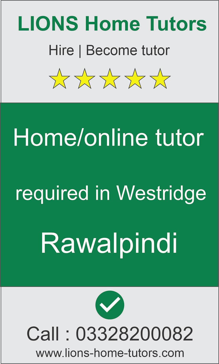 Home tutor required in Westridge Rawalpindi
